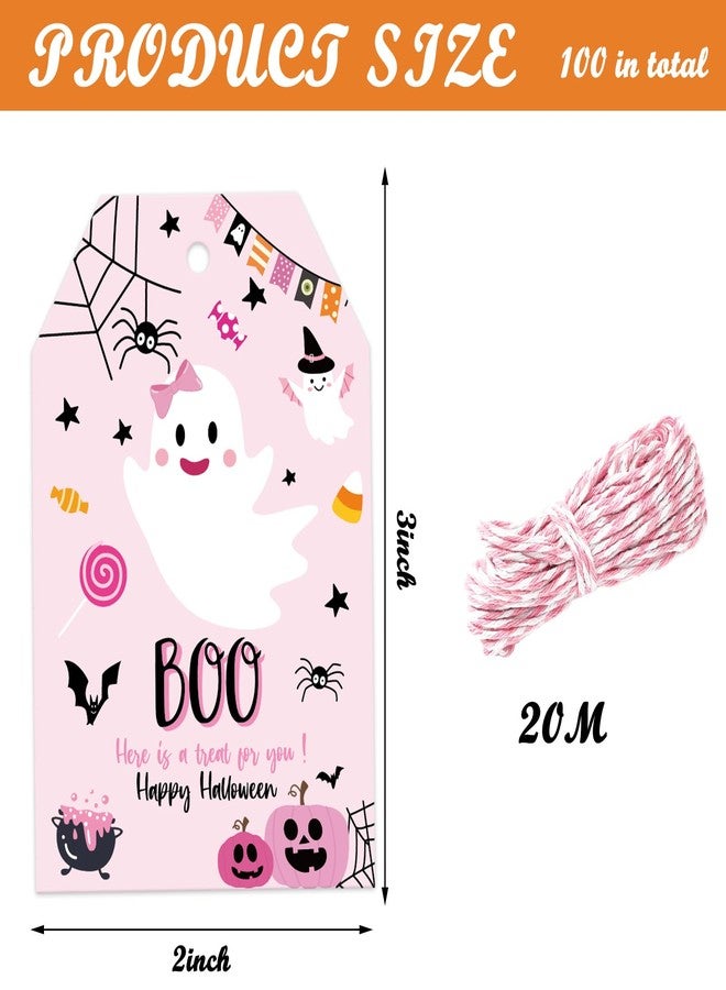 وولاين مجموعة هدايا ورقية من والين، ١٠٠ قطعة، بتصميم هالوين، لون وردي، على شكل شبح يقطينة، مع حبل، بطاقات تعريفية مخيفة لتزيين حفلات الهالوين. - Image 2